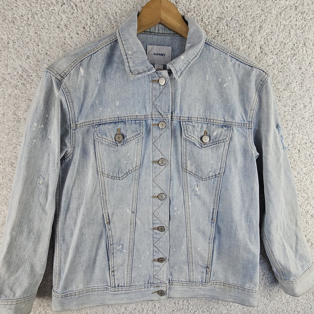 Old Navy Denim Jacket Women Medium Distressed Thrasher‎ Acid Wash Spots Type 3